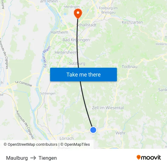Maulburg to Tiengen map