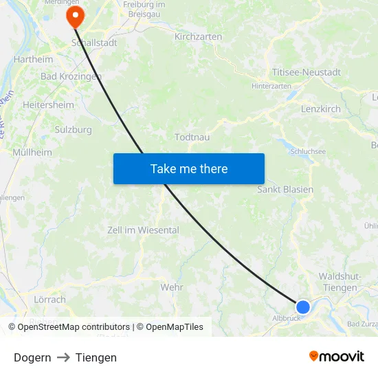 Dogern to Tiengen map