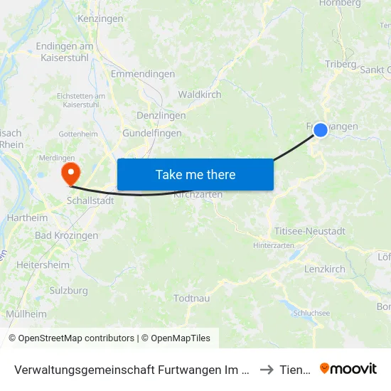 Verwaltungsgemeinschaft Furtwangen Im Schwarzwald to Tiengen map