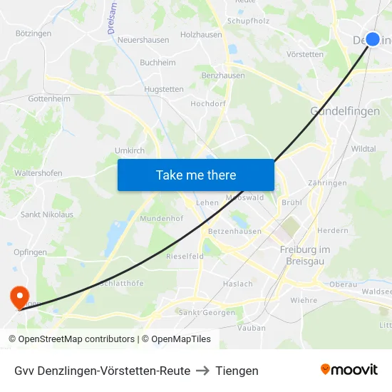Gvv Denzlingen-Vörstetten-Reute to Tiengen map