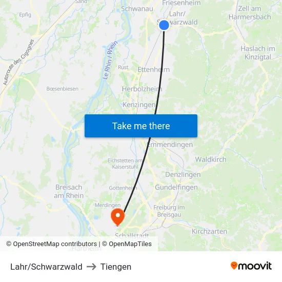 Lahr/Schwarzwald to Tiengen map