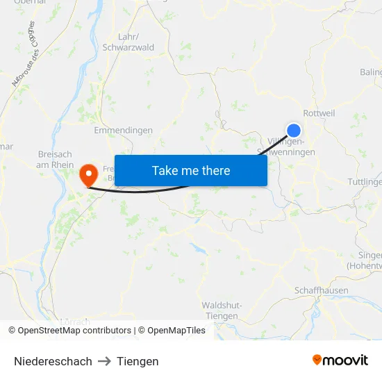 Niedereschach to Tiengen map