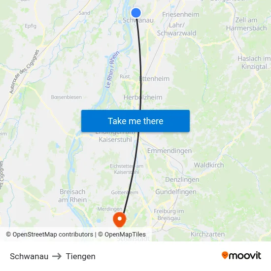 Schwanau to Tiengen map