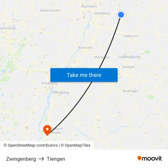 Zwingenberg to Tiengen map