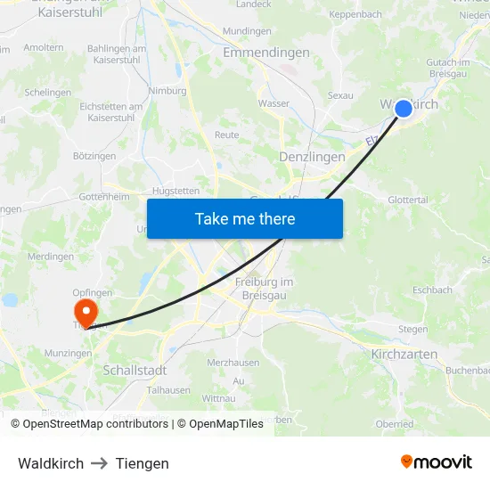 Waldkirch to Tiengen map
