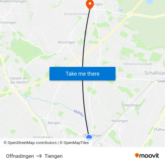 Offnadingen to Tiengen map
