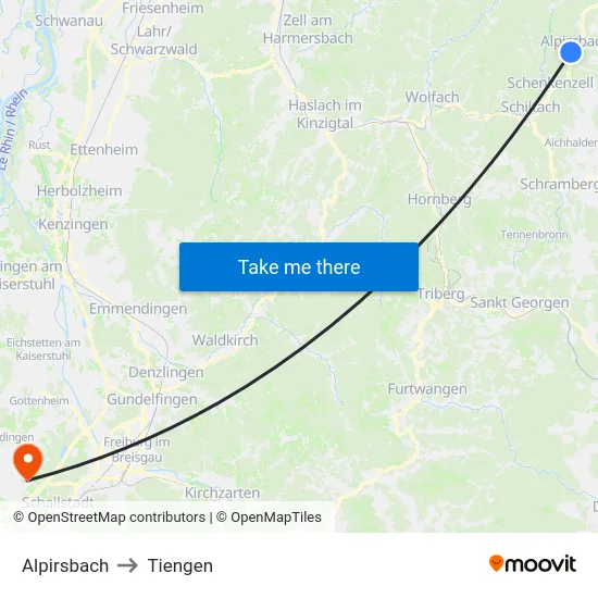 Alpirsbach to Tiengen map