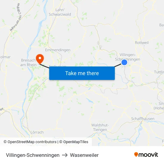 Villingen-Schwenningen to Wasenweiler map