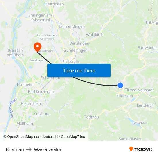 Breitnau to Wasenweiler map