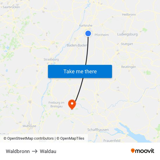 Waldbronn to Waldau map