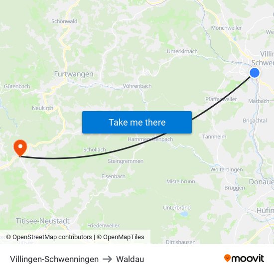 Villingen-Schwenningen to Waldau map