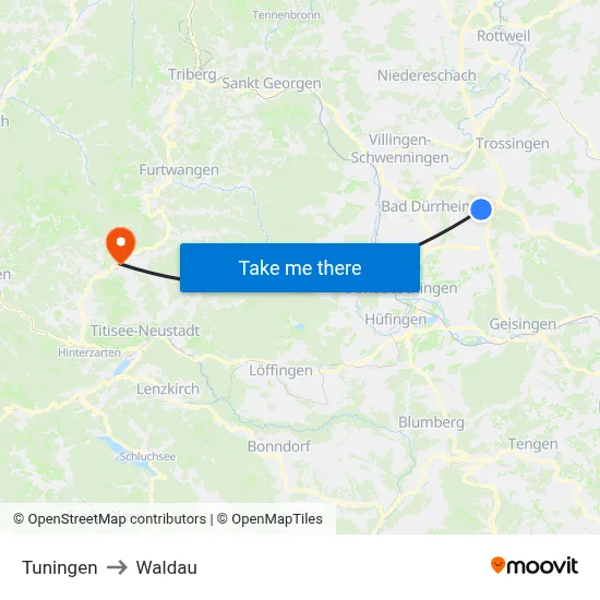 Tuningen to Waldau map