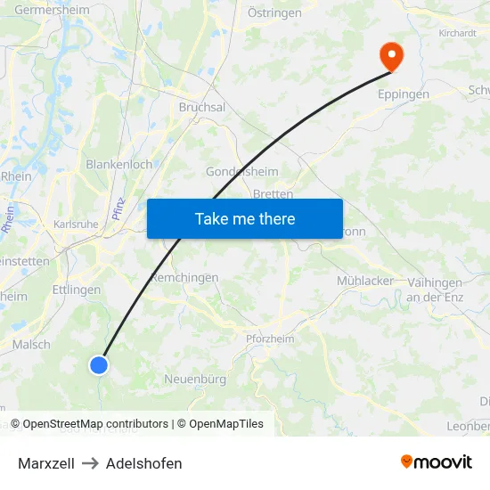 Marxzell to Adelshofen map