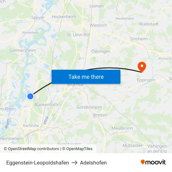 Eggenstein-Leopoldshafen to Adelshofen map