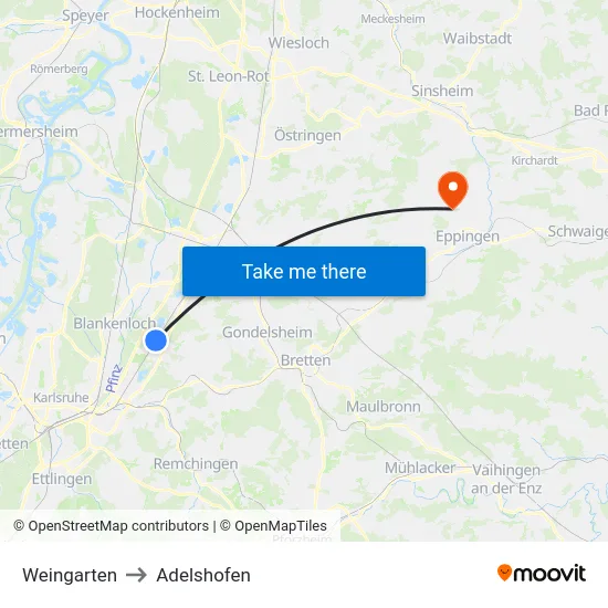 Weingarten to Adelshofen map