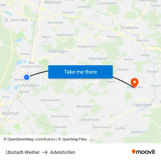 Ubstadt-Weiher to Adelshofen map