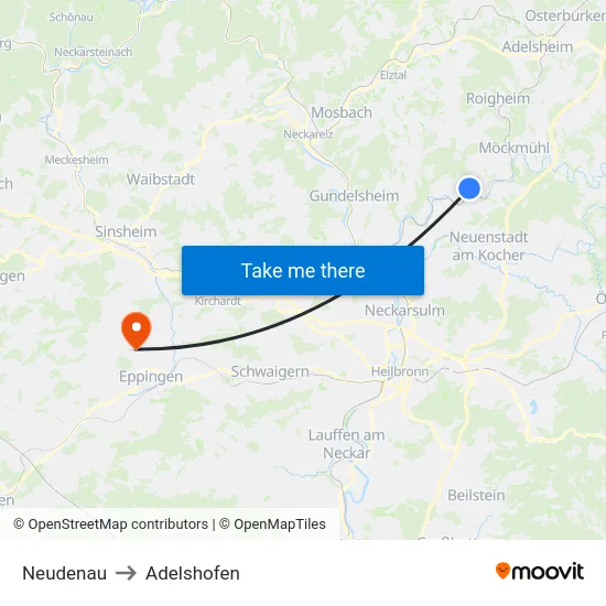 Neudenau to Adelshofen map