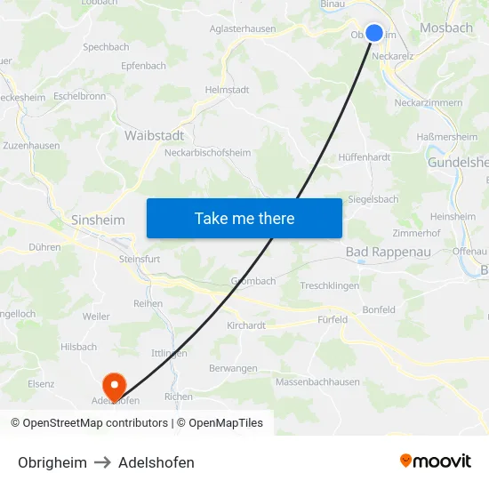 Obrigheim to Adelshofen map