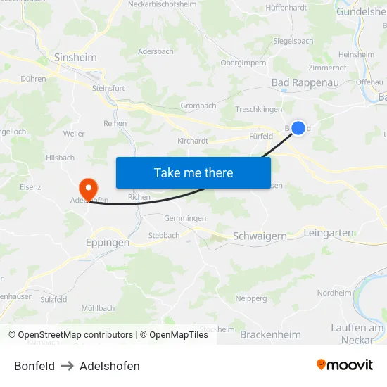 Bonfeld to Adelshofen map