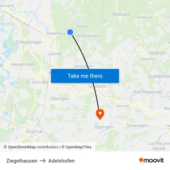 Ziegelhausen to Adelshofen map