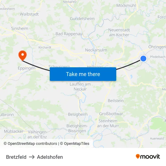 Bretzfeld to Adelshofen map