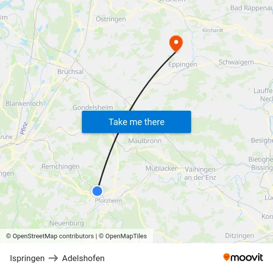 Ispringen to Adelshofen map