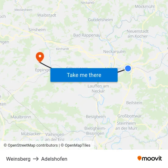 Weinsberg to Adelshofen map