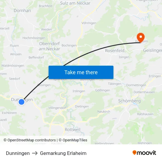 Dunningen to Gemarkung Erlaheim map