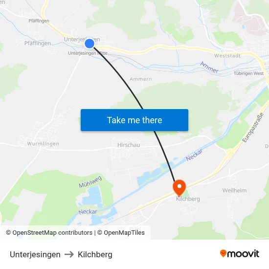 Unterjesingen to Kilchberg map