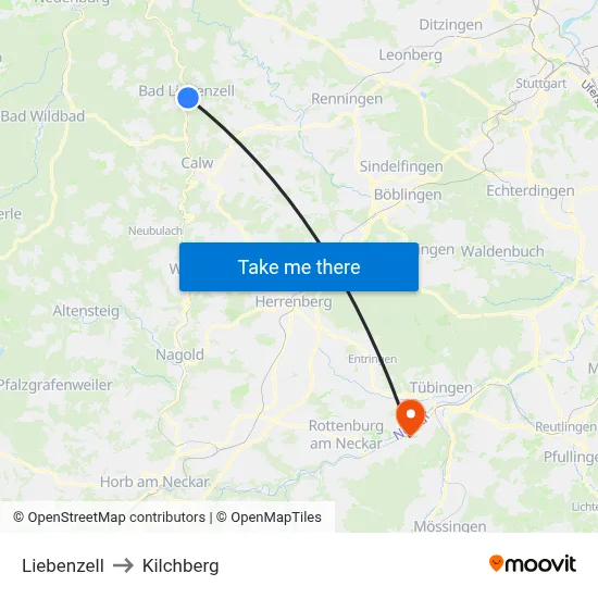 Liebenzell to Kilchberg map