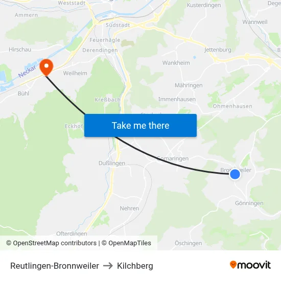 Reutlingen-Bronnweiler to Kilchberg map