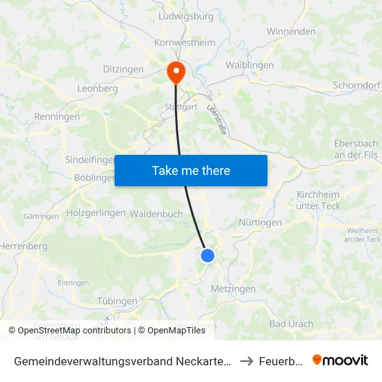 Gemeindeverwaltungsverband Neckartenzlingen to Feuerbach map