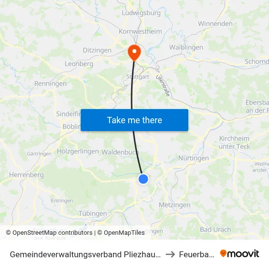 Gemeindeverwaltungsverband Pliezhausen to Feuerbach map