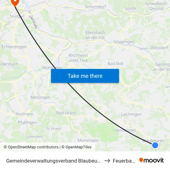 Gemeindeverwaltungsverband Blaubeuren to Feuerbach map