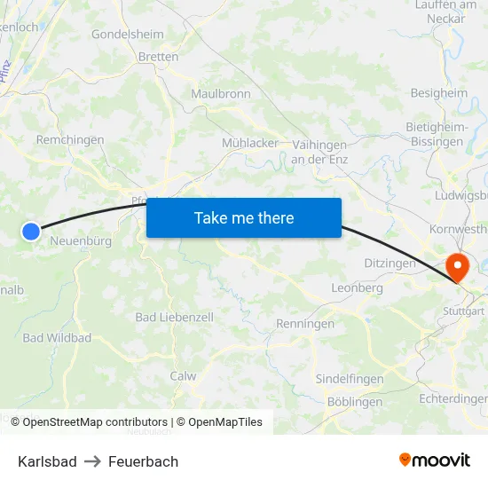 Karlsbad to Feuerbach map