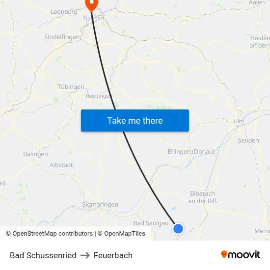 Bad Schussenried to Feuerbach map