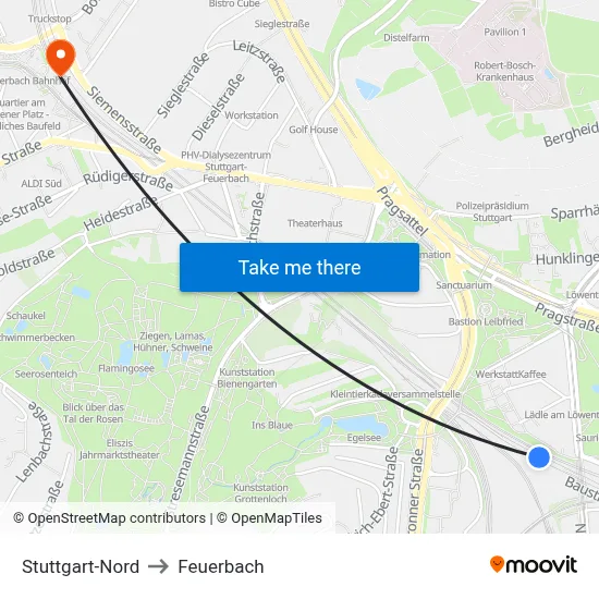 Stuttgart-Nord to Feuerbach map