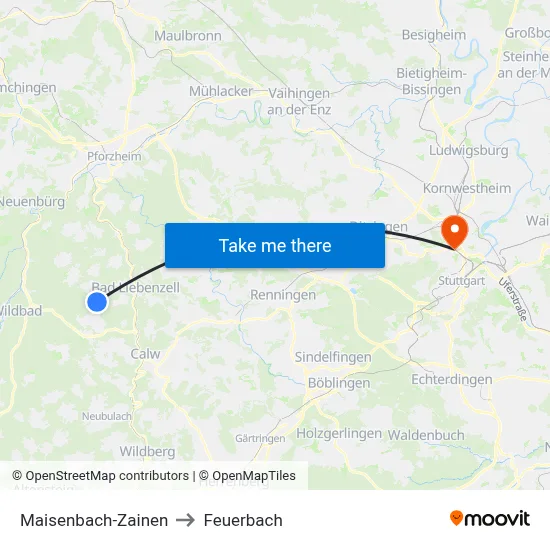 Maisenbach-Zainen to Feuerbach map