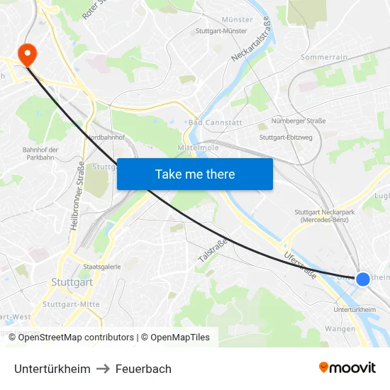 Untertürkheim to Feuerbach map