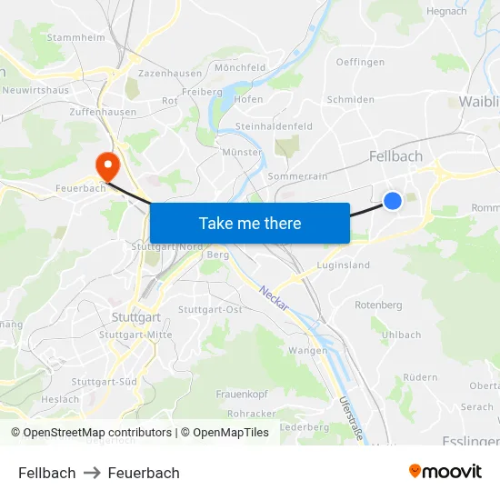 Fellbach to Feuerbach map
