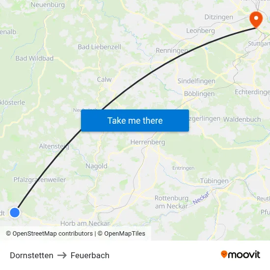 Dornstetten to Feuerbach map