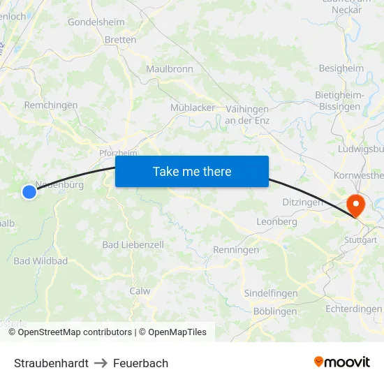 Straubenhardt to Feuerbach map