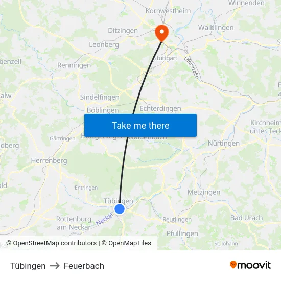 Tübingen to Feuerbach map