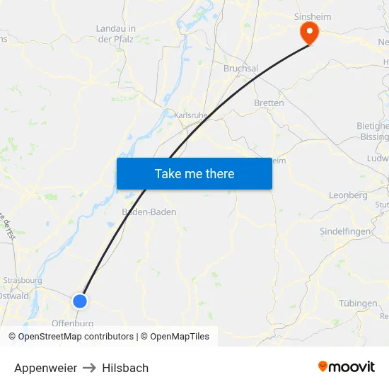Appenweier to Hilsbach map