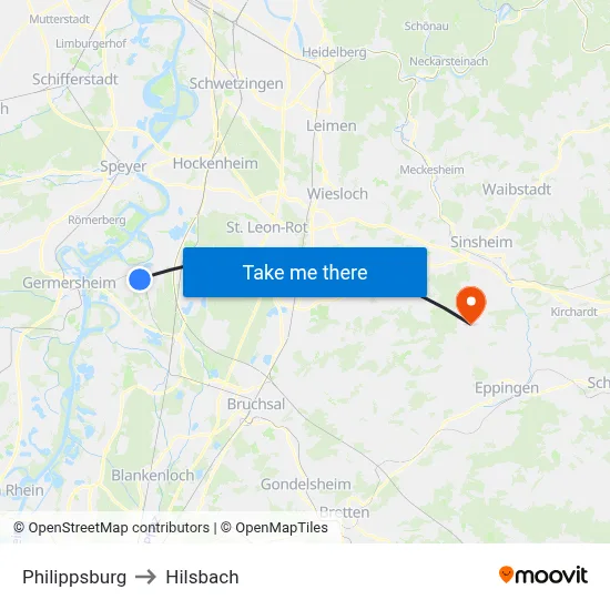 Philippsburg to Hilsbach map
