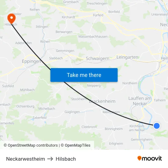 Neckarwestheim to Hilsbach map