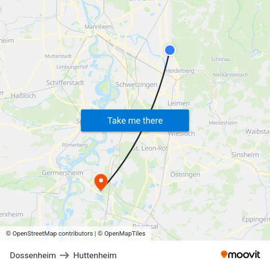 Dossenheim to Huttenheim map