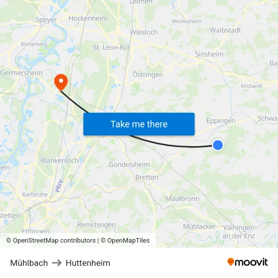 Mühlbach to Huttenheim map