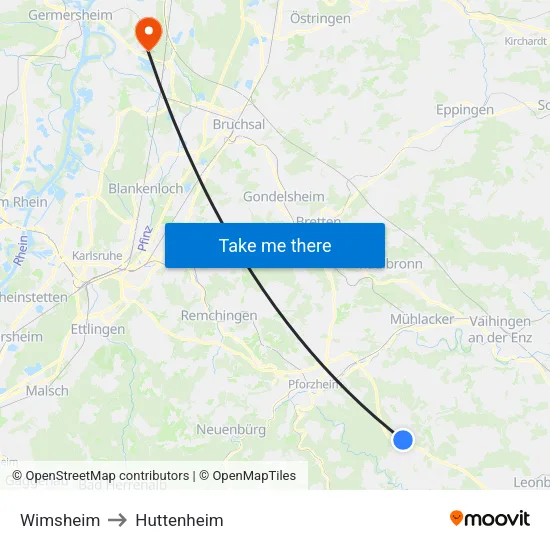 Wimsheim to Huttenheim map