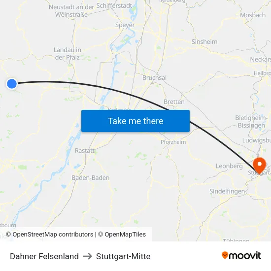 Dahner Felsenland to Stuttgart-Mitte map